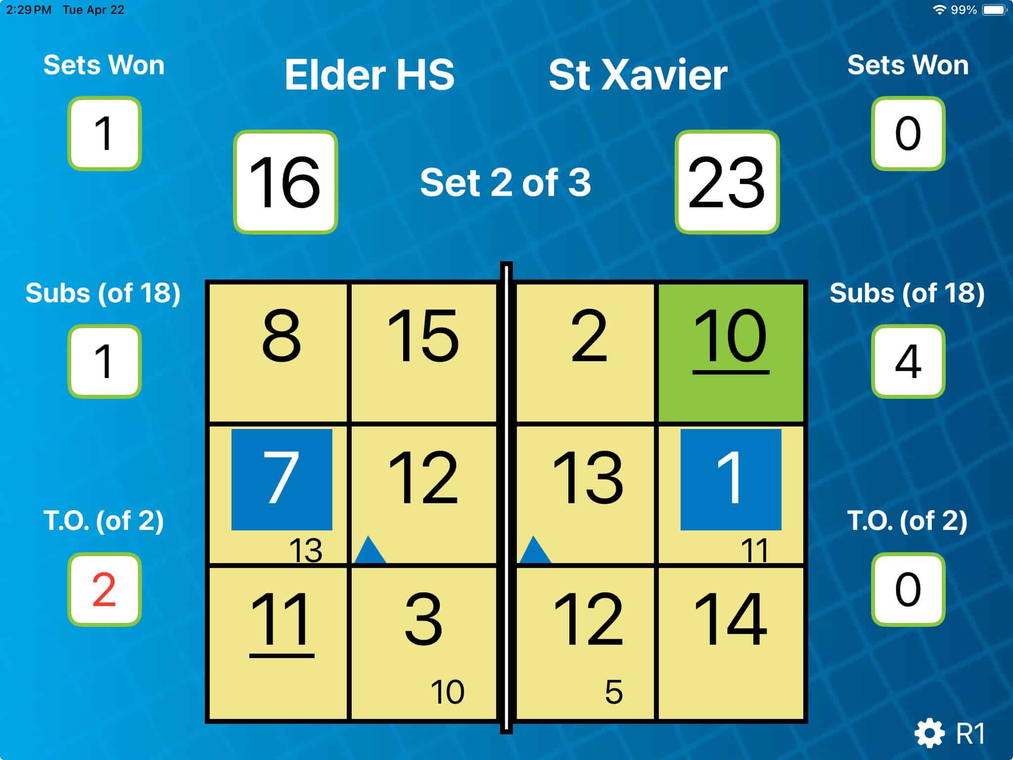 VolleyWrite Buddy app showing R1 view