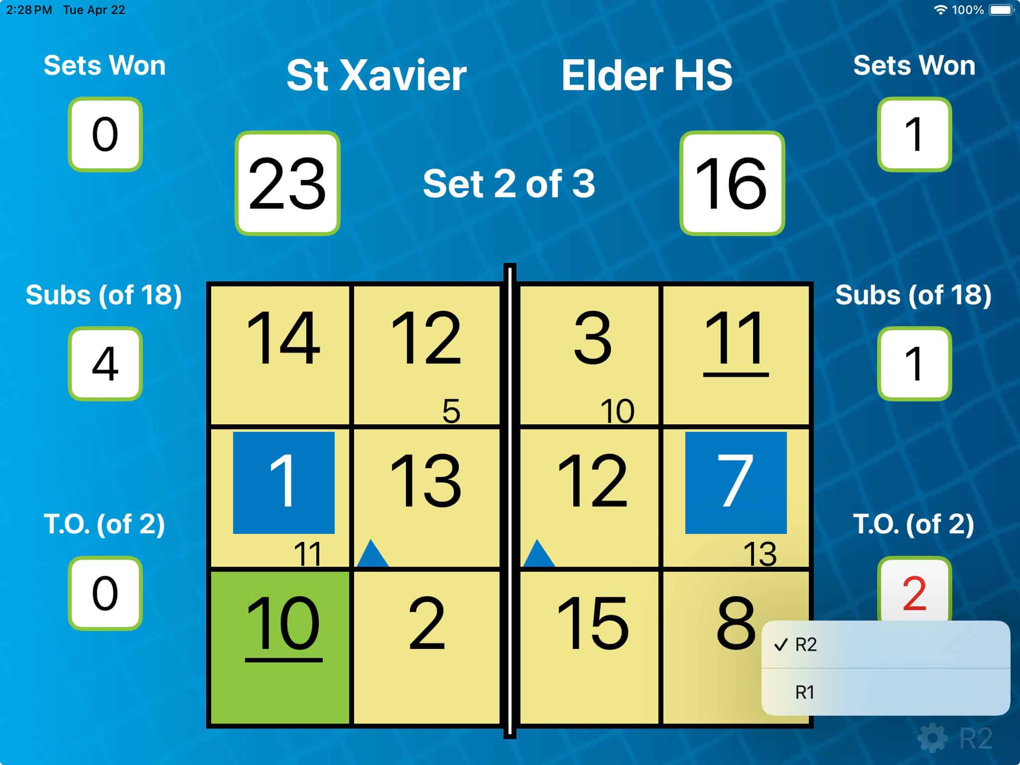 VolleyWrite Buddy app screen shot from iPad showing selection of R1 or R2 view